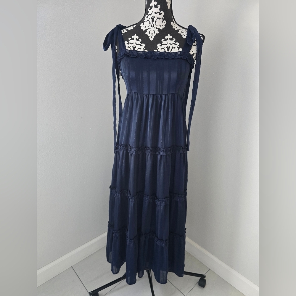Lulus Day for Romance Navy Blue Tie-Strap Tiered Midi Dress size S - Picture 5 of 16